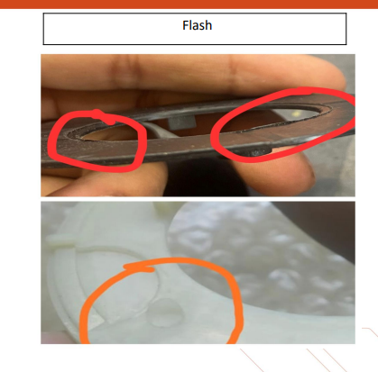 Flash defect along edge of molded plastic part
