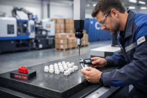 Quality inspection of injection molded plastic parts in a manufacturing facility to prevent offshore shipment defects