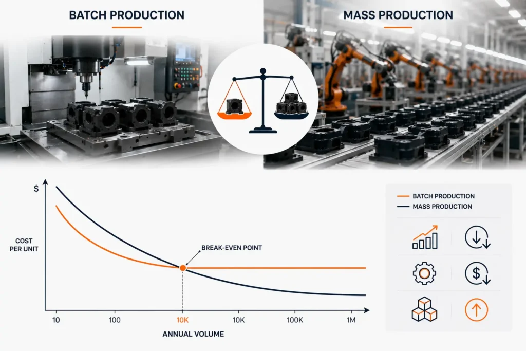 Professional industrial infographic comparing batch production and mass production based on cost per unit at different production volumes. The image illustrates how batch production offers lower upfront investment for small and medium production runs, while mass production achieves the lowest cost per unit through dedicated automation and high-volume manufacturing, helping manufacturers determine the ideal production method based on annual volume and break-even point.