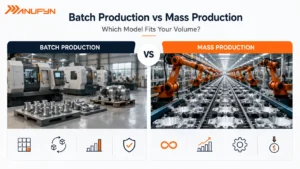 Professional industrial comparison infographic illustrating the difference between batch production and mass production in manufacturing. The image contrasts flexible batch production with high-volume automated mass production using CNC machining, robotic assembly, and production lines, helping explain what batch production in manufacturing is and when each manufacturing model is best suited for different production volumes.