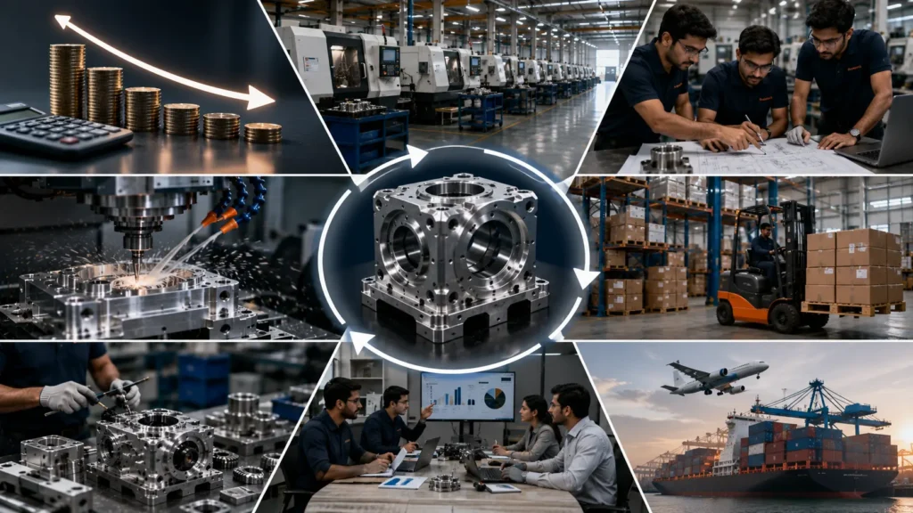 Photorealistic manufacturing ecosystem showing CNC machining, precision engineering, factory production, collaborative product development, warehousing, and global logistics, illustrating the benefits of contract manufacturing services, what is contract manufacturing, how a contract manufacturer helps businesses reduce costs, scale production, and accelerate time to market.