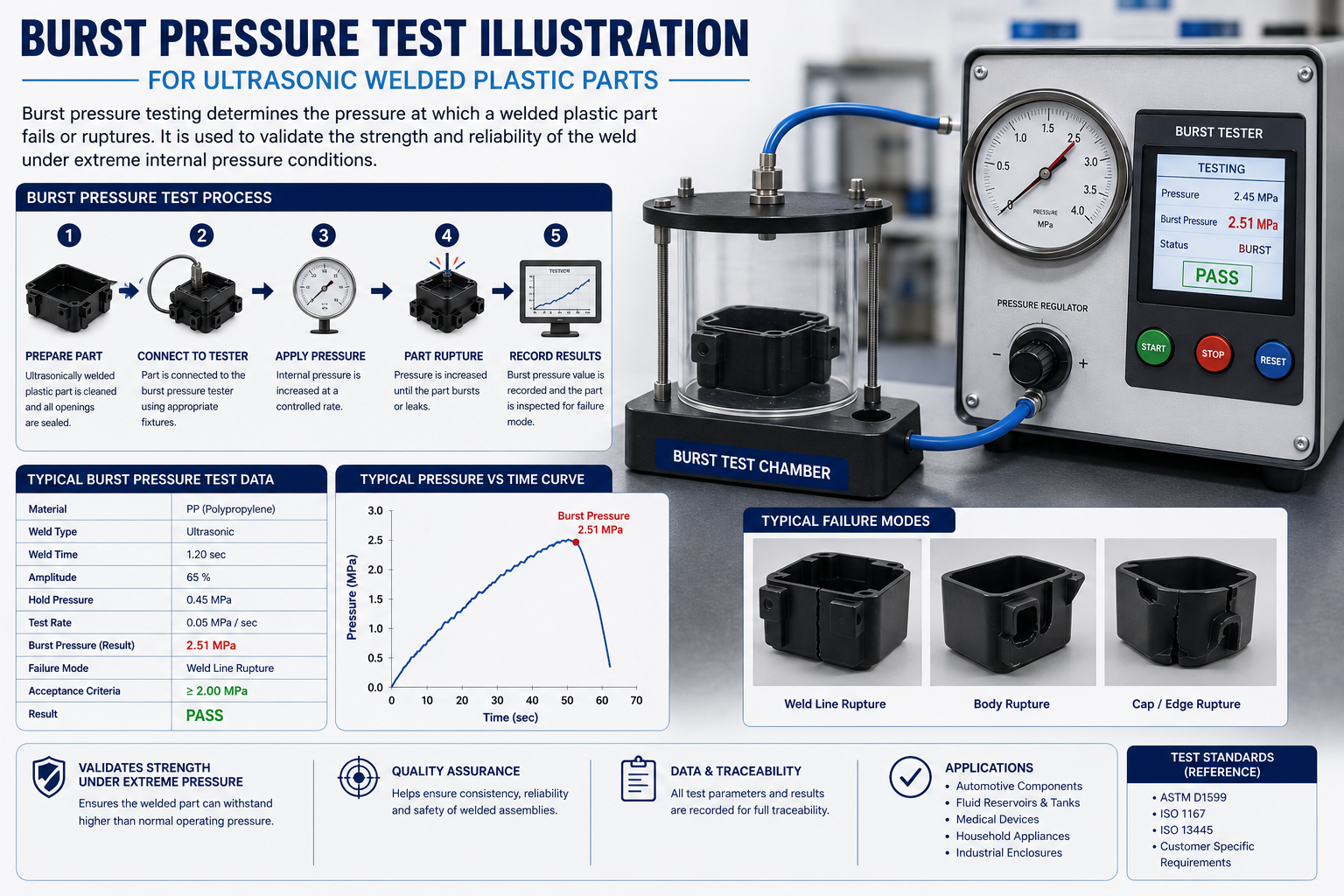 Burst pressure test of ultrasonic welded plastic parts using a pressure testing chamber
