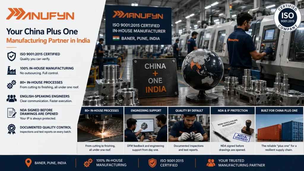 Photorealistic industrial manufacturing facility showcasing Manufyn's in-house CNC machining, ISO 9001 certified quality systems, precision-engineered components, English-speaking engineering support, and secure production environment, illustrating a trusted India vs China sourcing partner for manufacturing China vs India 2026 and China Plus One manufacturing strategies for global buyers.