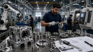 Photorealistic contract manufacturing facility showing precision CNC machining, quality inspection, ISO 9001 certified production, engineered components, and manufacturing engineers, illustrating contract manufacturing services, what is contract manufacturing, different types of contract manufacturing, and how to choose a contract manufacturer for reliable outsourced production.