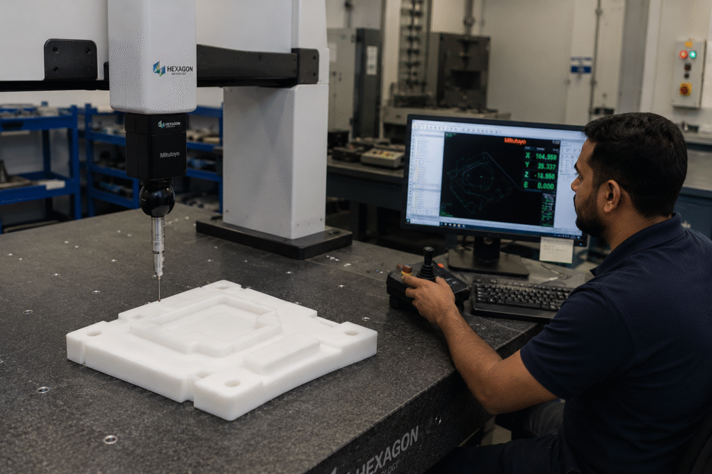 CMM inspection of precision Delrin machined component for electronic and medical test fixtures