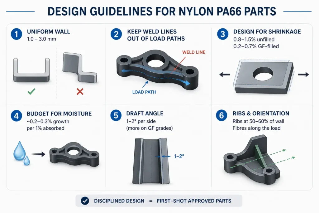 Infographic illustrating key design guidelines for Nylon PA66 parts, including uniform wall thickness, weld line placement, shrinkage compensation, moisture allowance, draft angles, and rib orientation for injection molding.