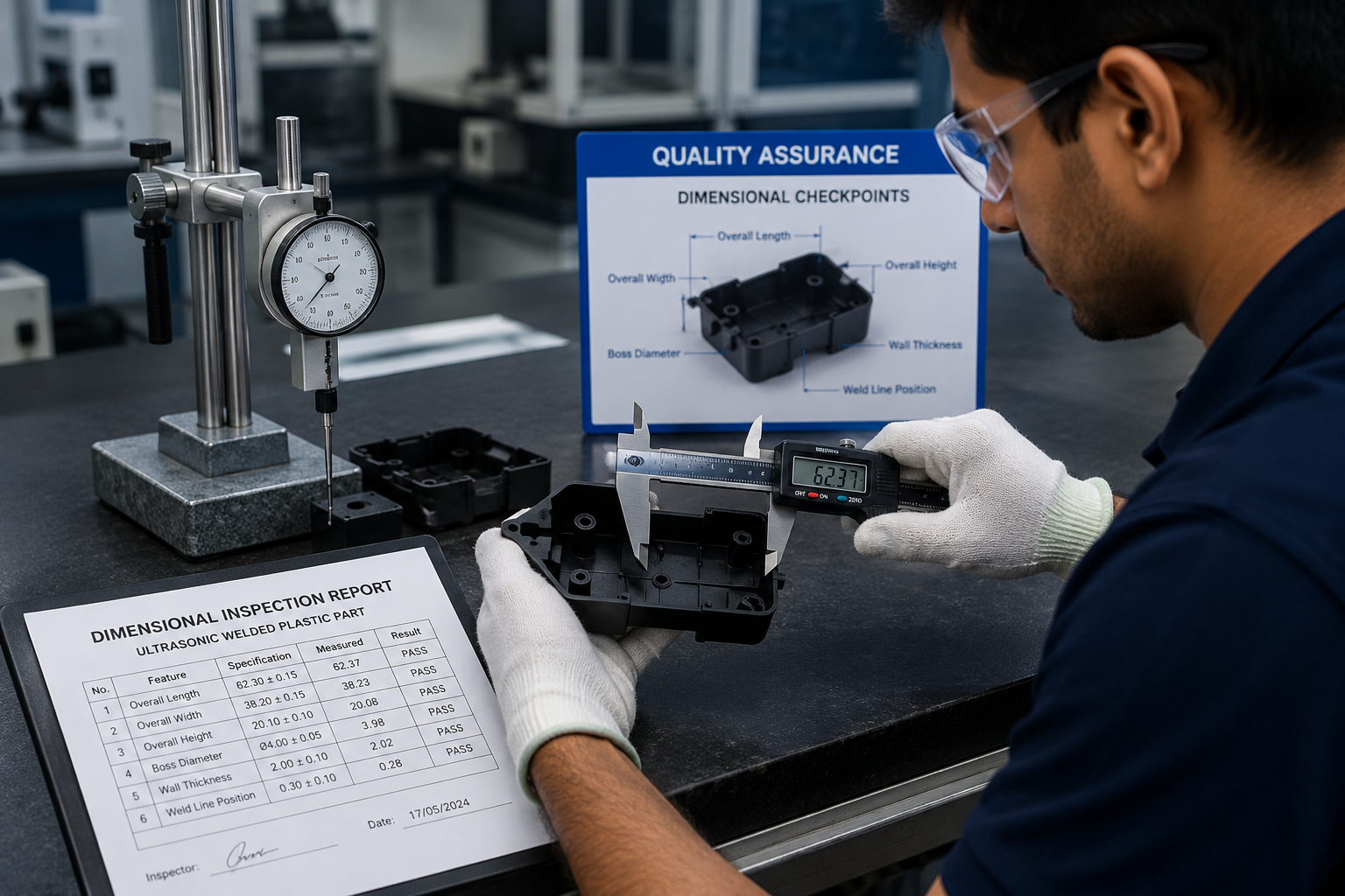 Dimensional inspection of ultrasonic welded plastic parts using digital caliper