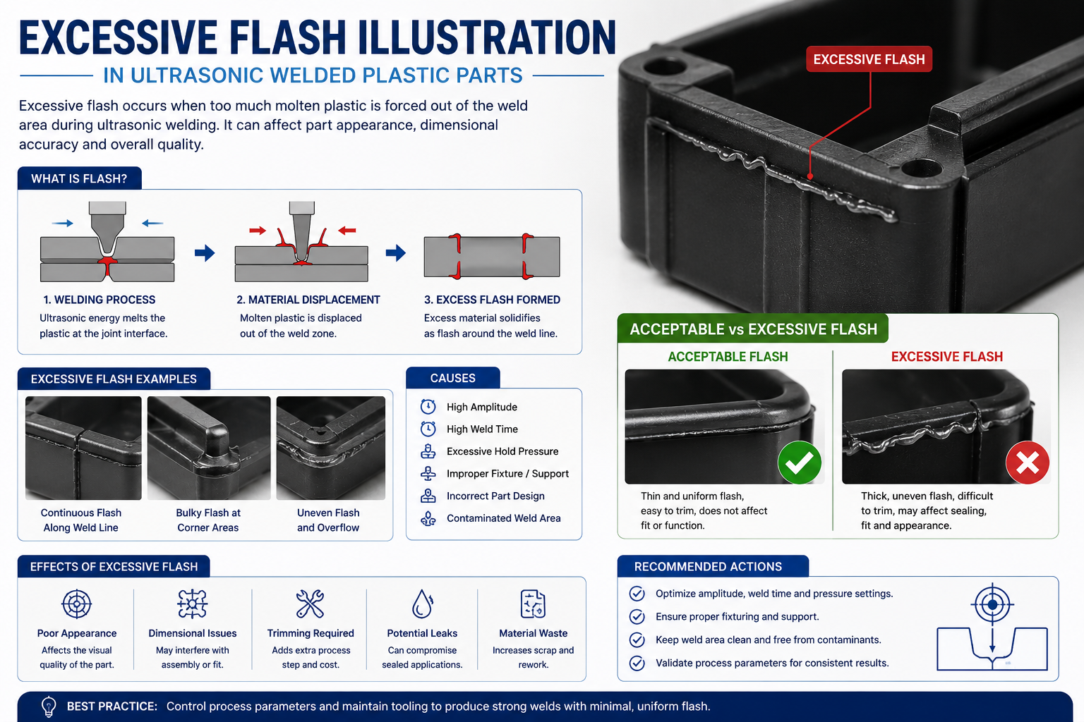 Excessive flash defect in ultrasonic welded plastic parts caused by improper welding parameters