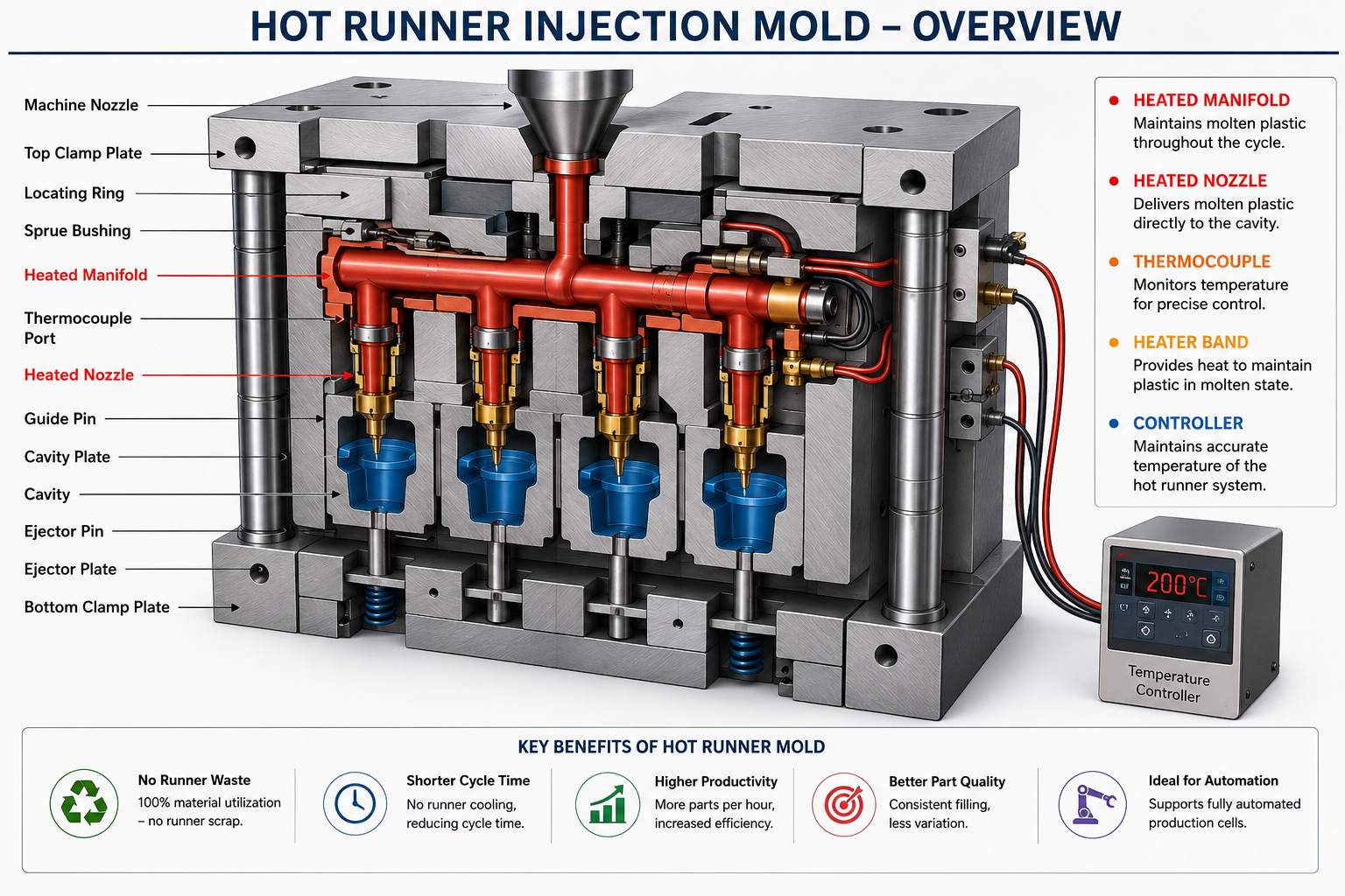 Hot Runner Injection Mold showing heated manifold heated nozzles valve gate and mold cavity