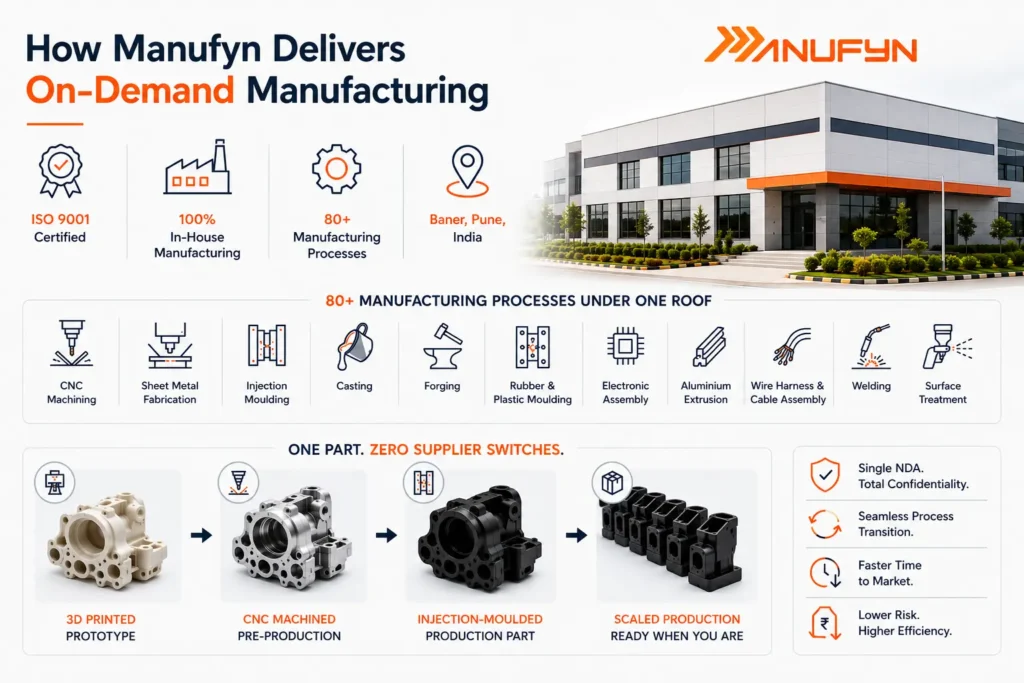 Professional industrial infographic illustrating Manufyn's in-house on-demand manufacturing services in India, featuring ISO 9001 certified production, CNC machining, sheet metal fabrication, injection molding, casting, forging, electronic assembly, and prototype-to-production manufacturing. The image demonstrates how a single manufacturing partner manages the complete production lifecycle from prototype through scalable production under one roof.