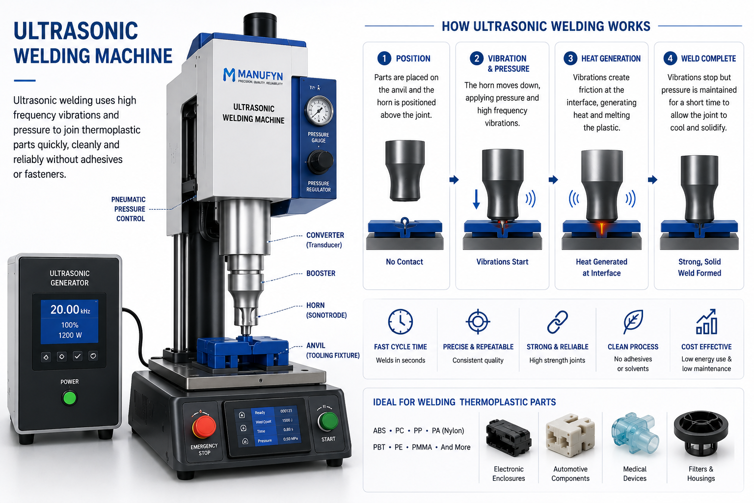 Ultrasonic welding machine showing generator, converter, booster, horn and fixture