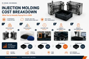 Industrial infographic illustrating the injection molding cost breakdown, including injection mold tooling cost, raw material cost, machine time, labor, and quality inspection. The image explains how plastic injection molding cost per part changes with production volume and supports estimating injection molding costs in 2026.