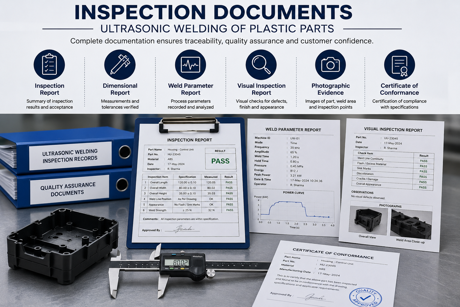 Inspection documentation for ultrasonic welding of plastic parts including inspection reports and process records