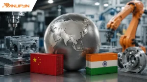 Realistic industrial comparison of manufacturing China vs India 2026 featuring precision CNC machining, robotic automation, global supply chain logistics, and shipping containers representing India and China, illustrating India vs China sourcing and the China Plus One manufacturing strategy for global buyers deciding whether to manufacture in India or China.
