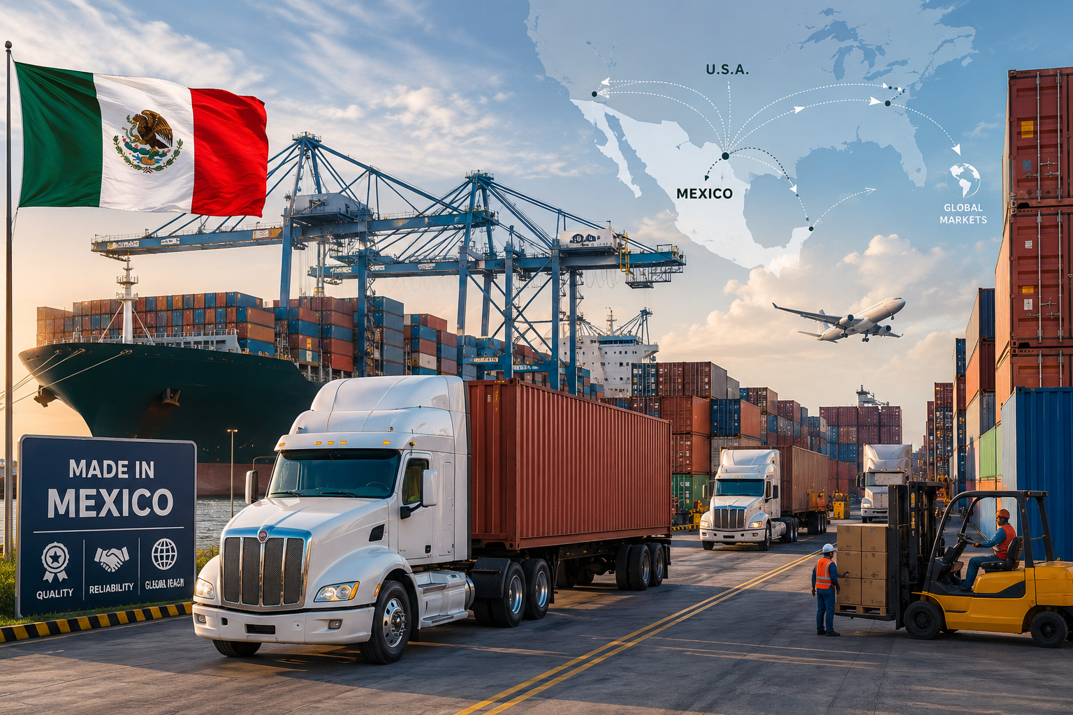 Mexico Industrial Supply Chain with logistics trucks, export containers and shipping port