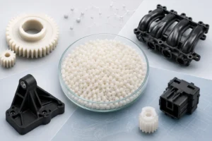 Nylon PA66 engineering plastic resin pellets with injection molded automotive and industrial components used for high-strength mechanical applications.