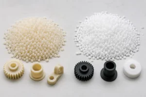 Nylon vs Delrin (POM) engineering plastics comparison showing resin pellets and precision injection molded components used in automotive, industrial, and mechanical applications.