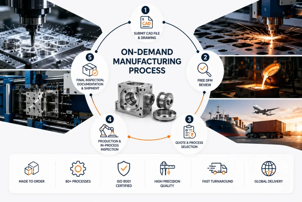 On-demand manufacturing process showing CAD file submission, DFM review, process selection, production, inspection, and shipment in India