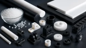 High-resolution industrial image of POM (Delrin) engineering plastic in rod, sheet, and pellet forms alongside precision-machined plastic components, gears, bushings, and mechanical parts arranged on a clean black surface, representing CNC machining and industrial manufacturing applications.