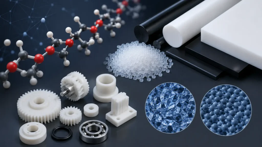 3D illustration of POM (Delrin) engineering plastic featuring a polymer molecular chain, white polymer pellets, POM rods, sheets, and precision-machined plastic gears and components on a dark industrial background, representing the material's chemical structure and high-crystallinity properties.