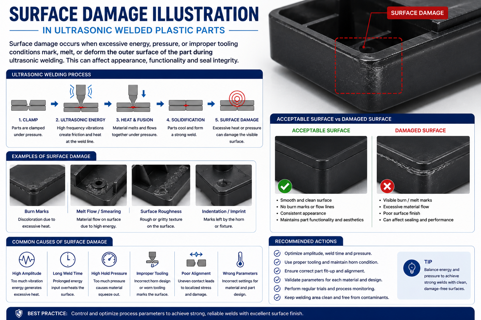 Part cracking defect in ultrasonic welded plastic parts caused by excessive welding stress and improper process parameters