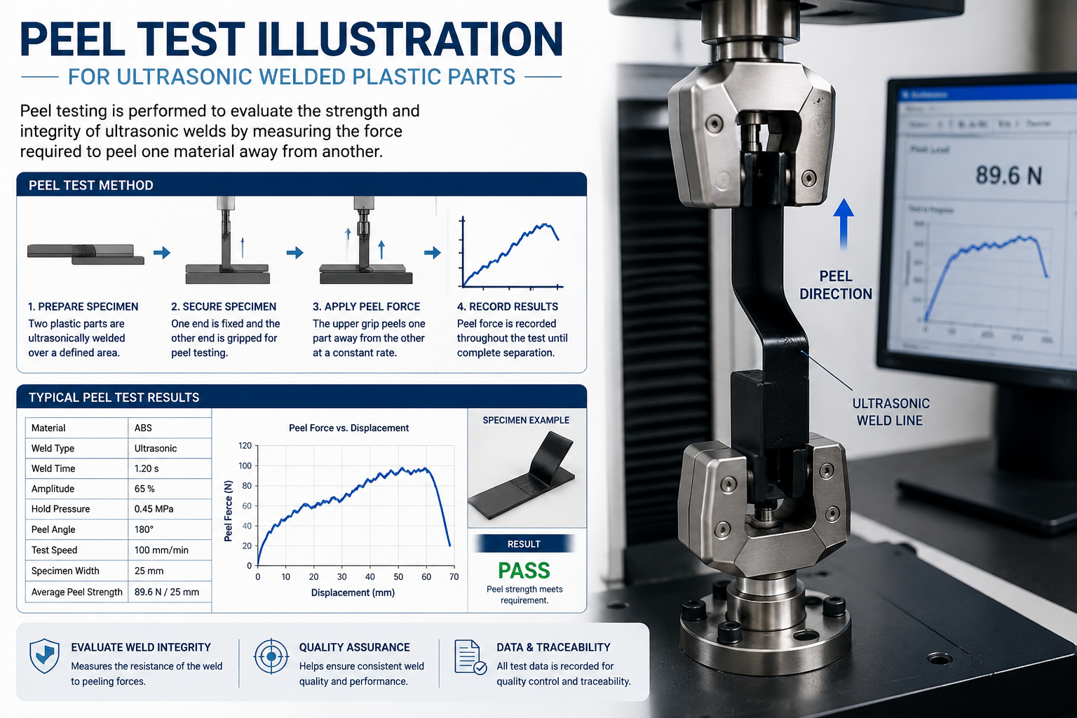 Peel test of ultrasonic welded plastic parts using a universal testing machine