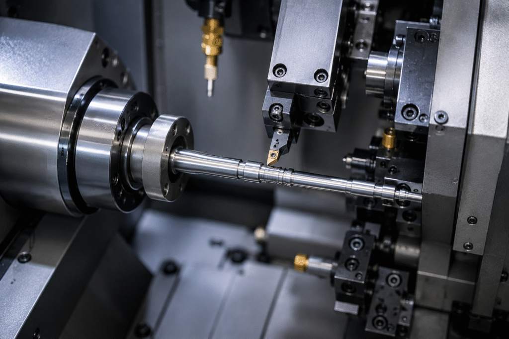 Swiss Type CNC sliding head machine machining a slender precision component
