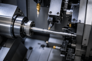 Swiss Type CNC sliding head machine machining a slender precision component