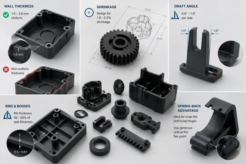 High-resolution image of precision-molded POM (Delrin) engineering plastic components including gears, brackets, clips, bushings, and mechanical parts displayed with technical blueprints and measuring tools, illustrating best practices for designing durable injection-molded plastic parts.