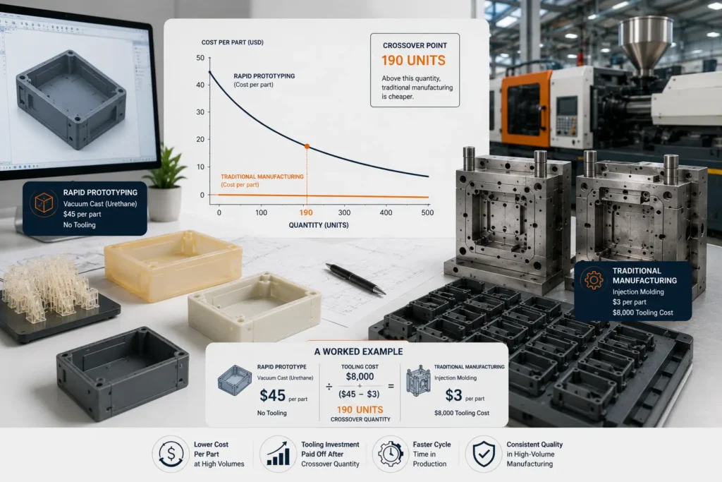 Professional engineering illustration comparing rapid prototyping and traditional manufacturing for plastic enclosure production. The image features prototype parts, injection molds, production tooling, and high-volume manufactured components, representing tooling investment, production scalability, and the crossover point where traditional manufacturing becomes more cost-effective than rapid prototyping.