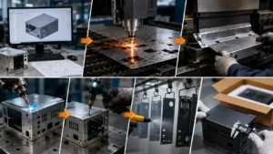 Photorealistic sheet metal fabrication process flow showing CAD design, laser cutting, press brake bending, welding, hardware insertion, powder coating, quality inspection, and packaging, illustrating the sheet metal fabrication process, sheet metal fabrication steps, sheet metal manufac