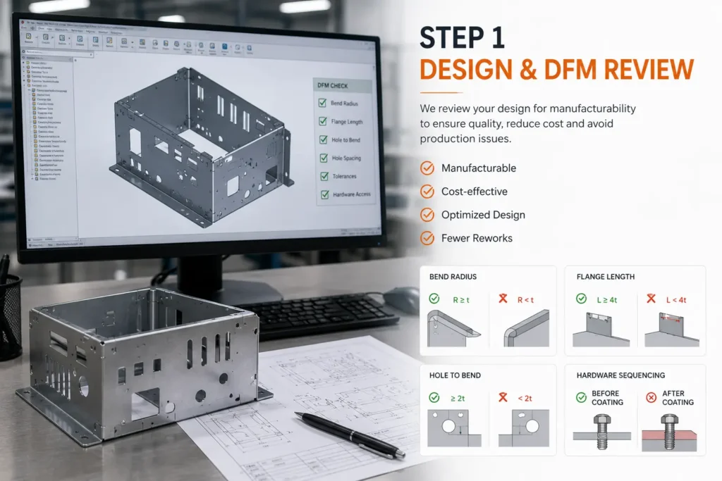 Photorealistic engineering workstation showing a CAD model, sheet metal enclosure, technical drawings, and design review for manufacturability, illustrating Step 1 of the sheet metal fabrication process, sheet metal fabrication steps, how sheet metal fabrication works, and DFM review before the sheet metal manufacturing process begins.