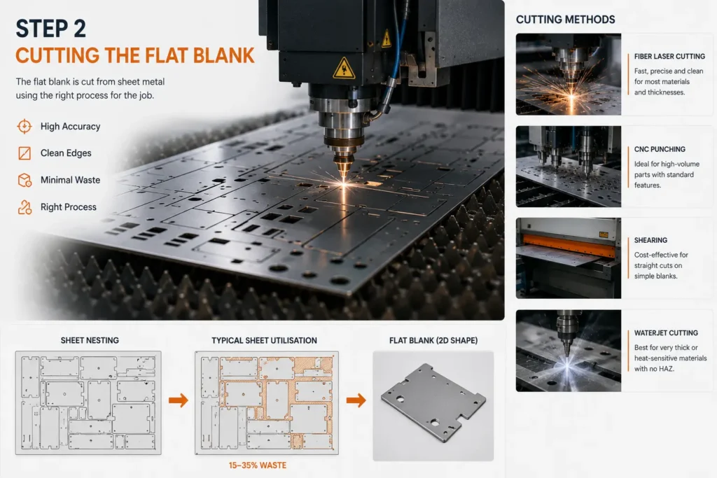 Photorealistic sheet metal fabrication process showing Step 2 of the sheet metal manufacturing process with fiber laser cutting, CNC punching, shearing, waterjet cutting, sheet nesting, and flat blank production, illustrating sheet metal fabrication steps and how sheet metal fabrication works before forming and bending.