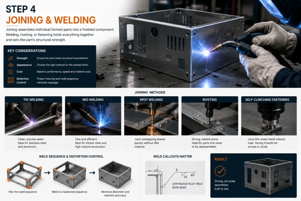 Photorealistic sheet metal fabrication process showing Step 4 with TIG welding, MIG welding, spot welding, riveting, and self-clinching fasteners assembling precision sheet metal components, illustrating joining methods, weld sequencing, distortion control, and structural assembly in the sheet metal manufacturing process.