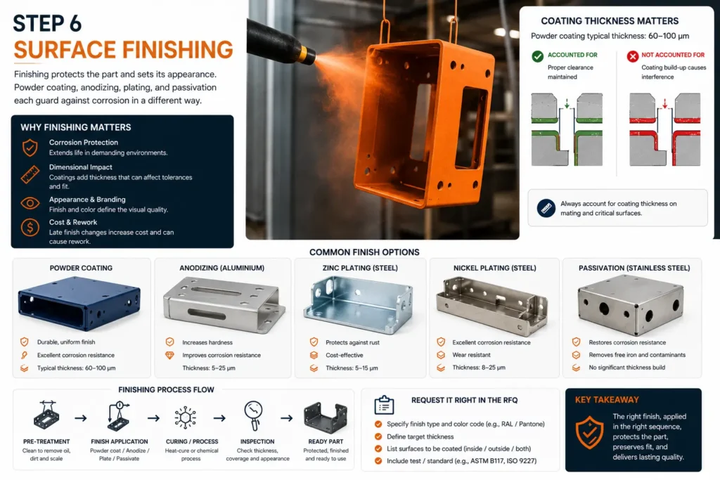 Photorealistic sheet metal fabrication process showing Step 6 with powder coating, anodizing, zinc plating, nickel plating, and passivation applied to precision sheet metal components, illustrating surface finishing, corrosion protection, coating thickness, and how sheet metal fabrication works to improve durability, appearance, and long-term performance in the sheet metal manufacturing process.
