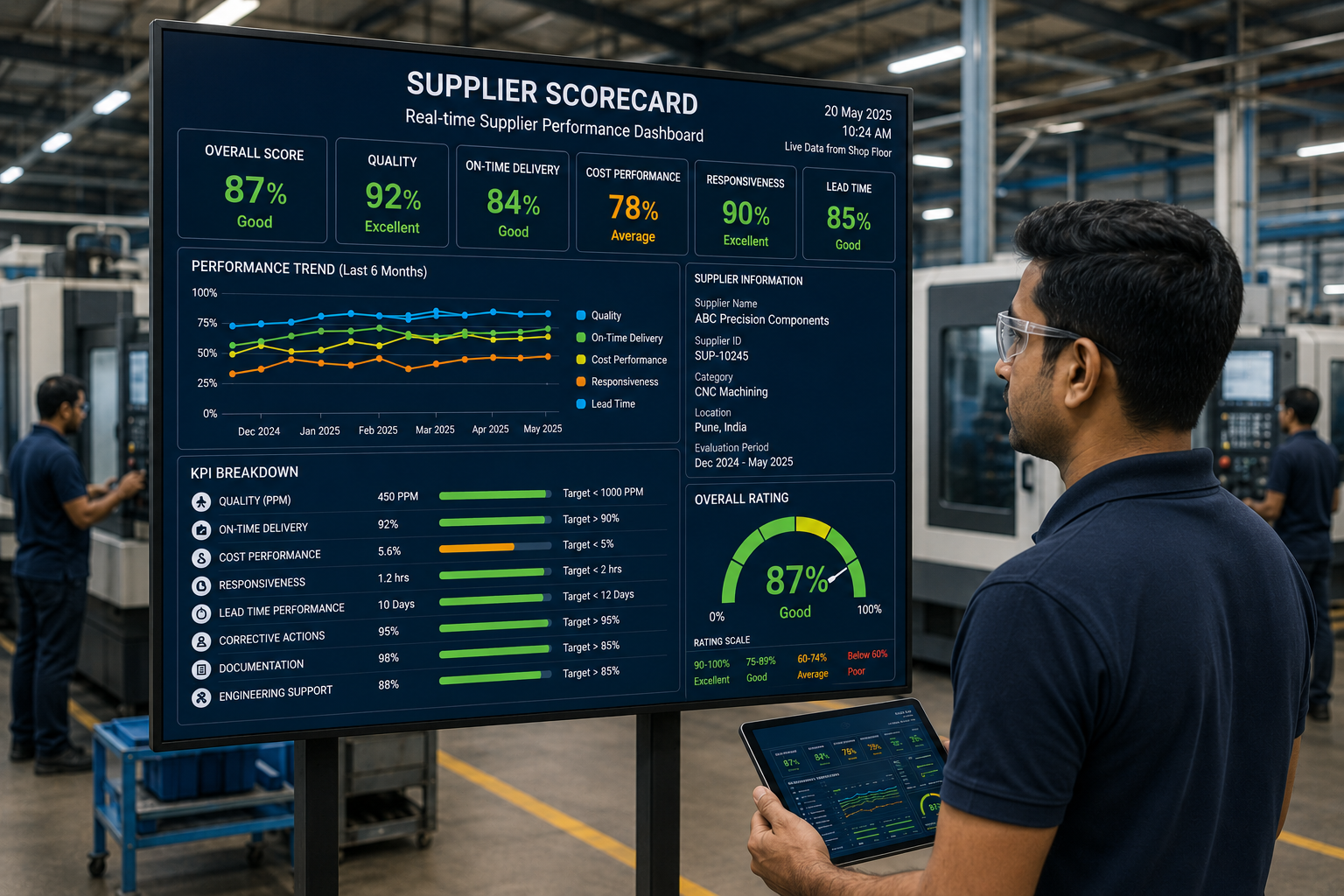 Supplier Scorecard Dashboard showing real time procurement KPIs, supplier evaluation, quality inspection and manufacturing performance