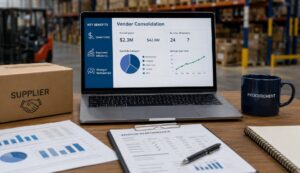 Supply chain optimization through vendor consolidation with procurement analytics dashboard, supplier performance reports, and warehouse inventory management.