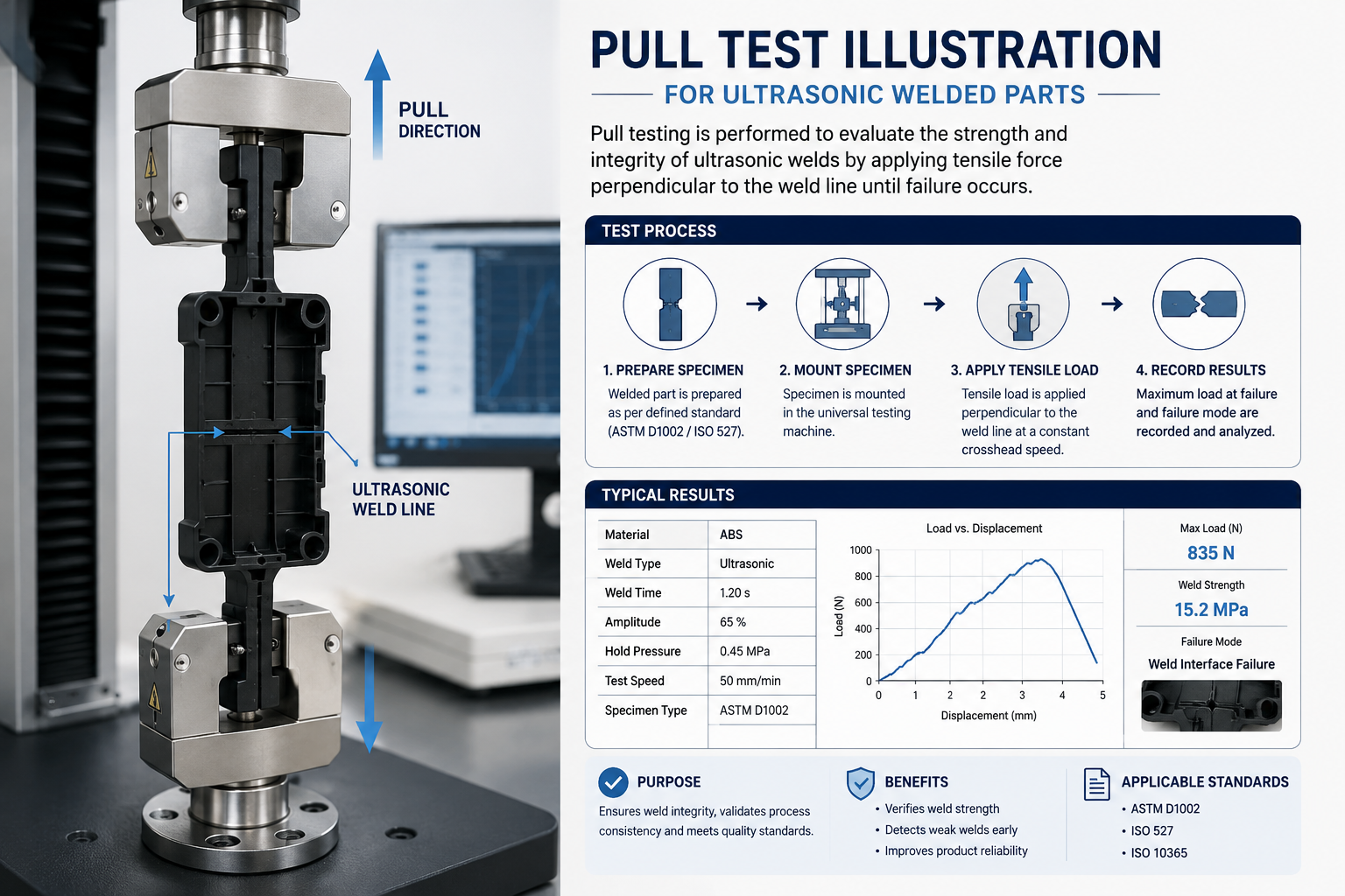 Tensile pull test of ultrasonic welded plastic parts using a universal testing machine
