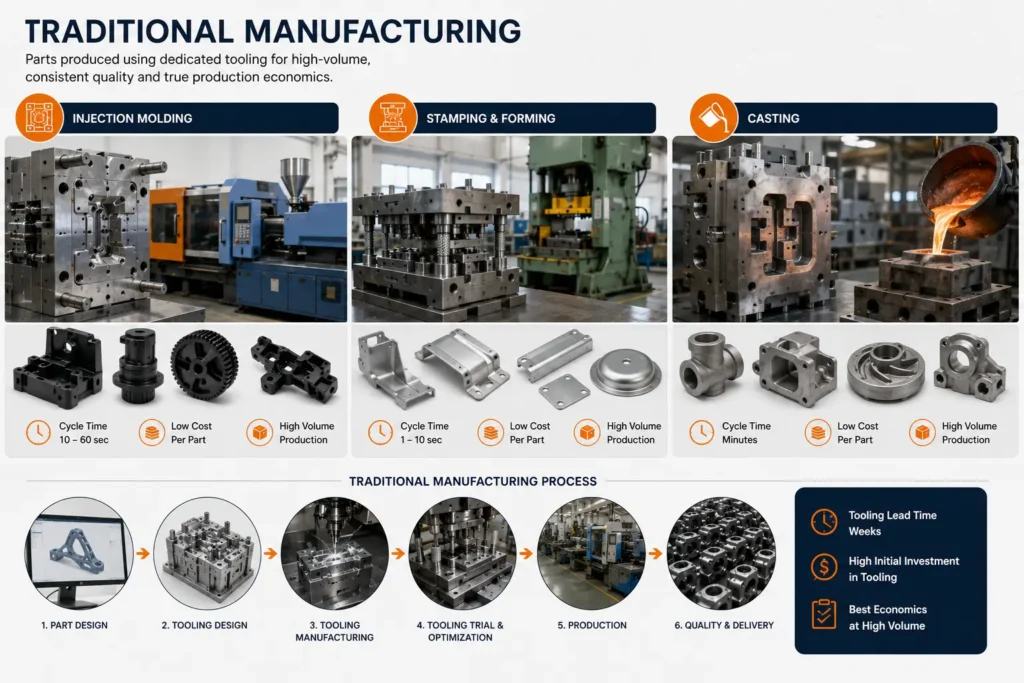 Professional industrial image illustrating traditional manufacturing using dedicated tooling, including injection molds, metal stamping dies, and casting molds. The scene features production tooling, factory equipment, precision-machined components, and high-volume manufacturing processes, representing the transition from tooling design to mass production with reduced per-part costs.