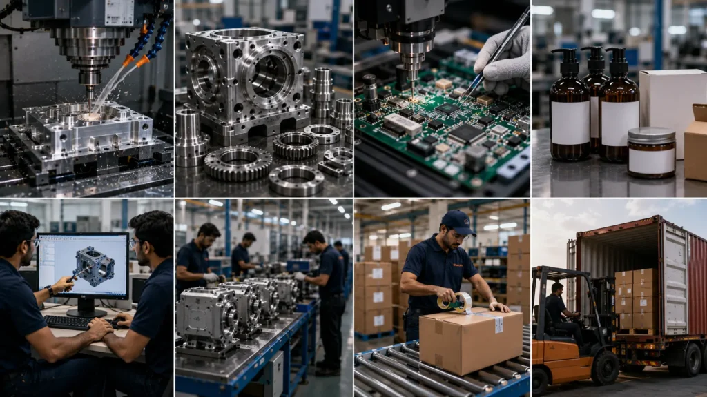 Photorealistic manufacturing workflow showcasing CNC machining, precision component manufacturing, electronics assembly, CAD engineering, private label packaging, OEM production, and logistics, illustrating the different types of contract manufacturing, contract manufacturing services, the role of a contract manufacturer, and full-service outsourced manufacturing from production to delivery.