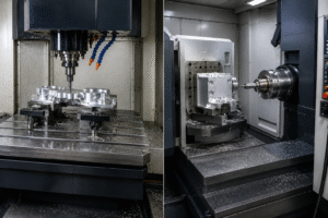 VMC vs HMC comparison showing Vertical Machining Center and Horizontal Machining Center machining precision aluminum components for CNC manufacturing