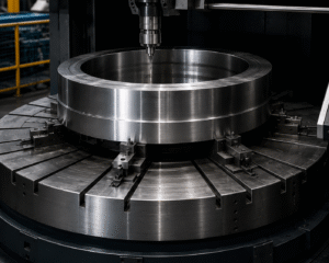 Close-up of a Vertical Turning Lathe (VTL) machining a large precision metal ring secured on a rotating chuck.