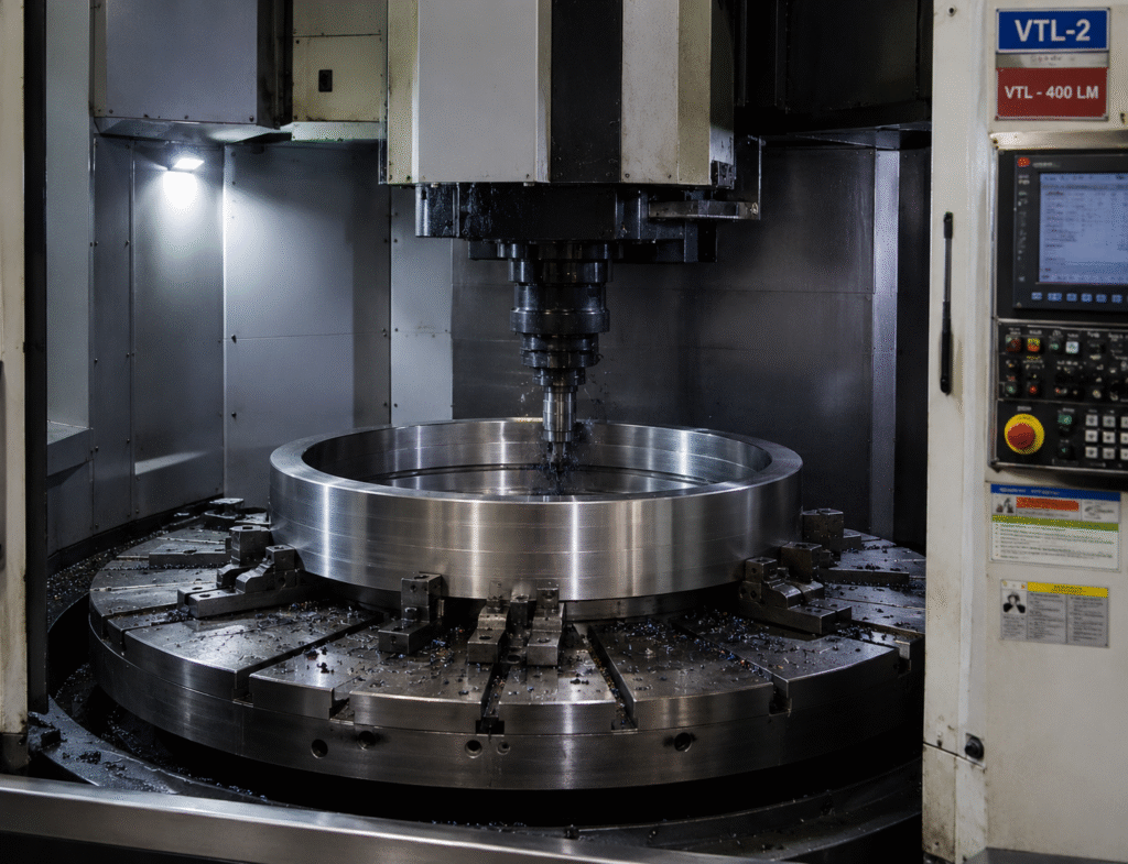 Close-up of a Vertical Turning Lathe (VTL) machining a large precision steel ring inside a CNC manufacturing cell