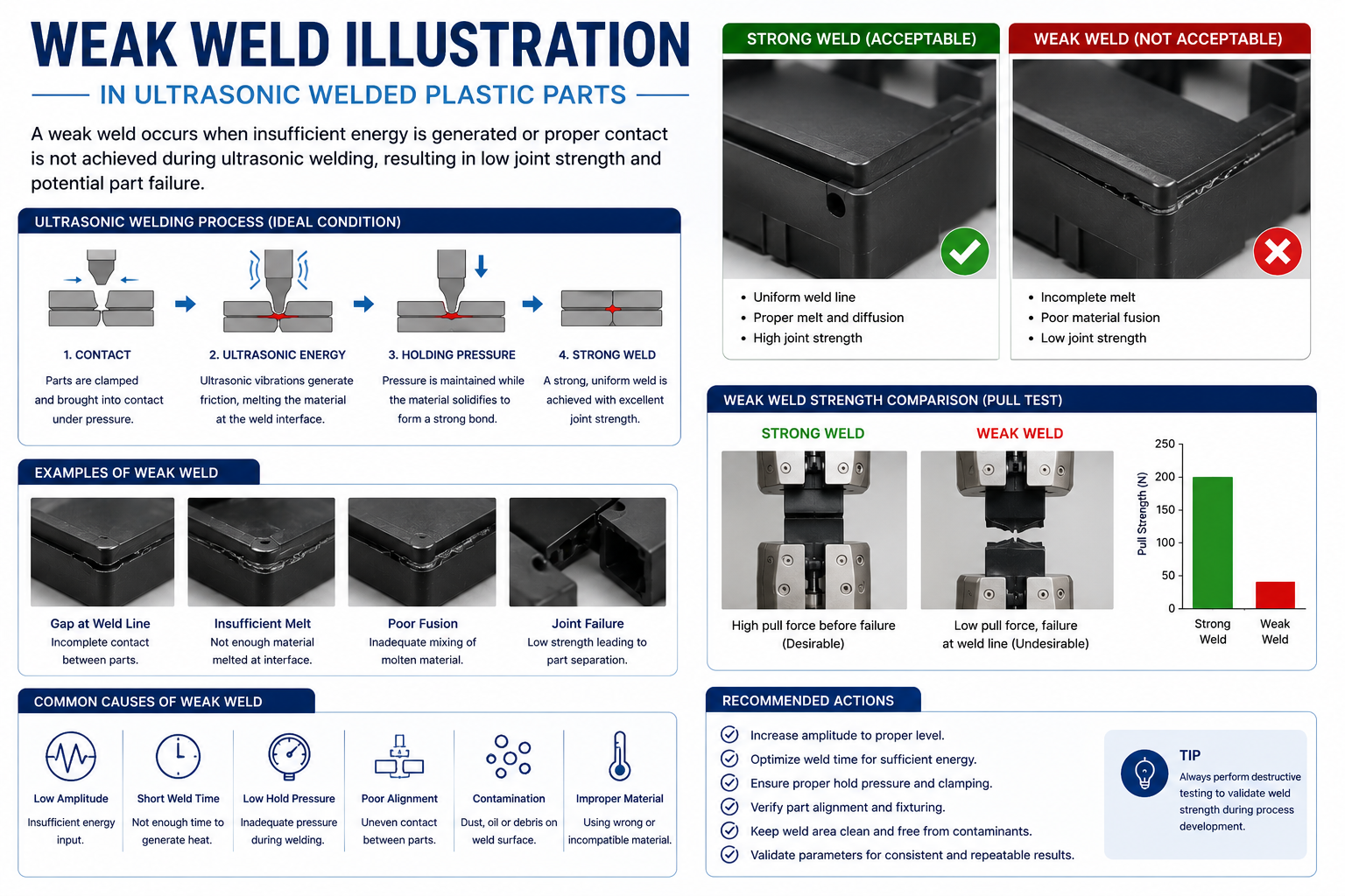 Weak weld defect in ultrasonic welded plastic parts caused by insufficient welding energy
