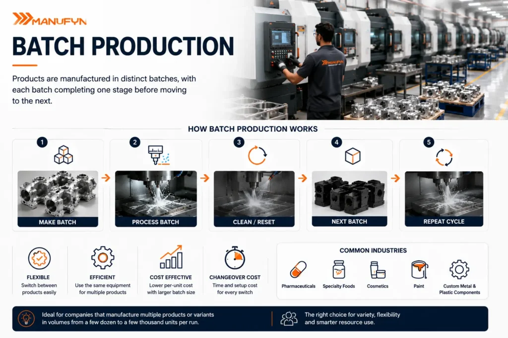 Professional industrial infographic illustrating batch production in manufacturing with CNC machining, grouped production runs, equipment changeovers, and repeated production cycles. The image explains what batch production is by showing how different batches of machined components are manufactured on shared equipment, highlighting production flexibility, efficient resource utilization, and medium-volume manufacturing.