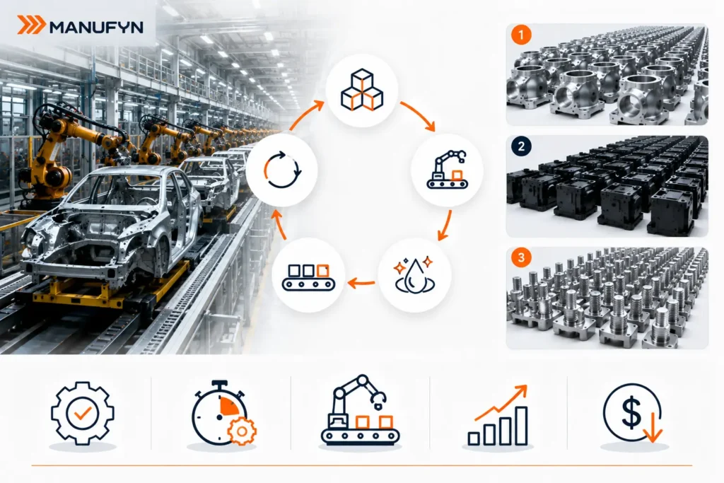 Professional industrial infographic illustrating mass production in manufacturing with automated assembly lines, robotic manufacturing, injection molding, and continuous high-volume production. The image explains what mass production is by showing standardized products manufactured on dedicated production lines, highlighting automation, scalability, lower cost per unit, and efficient large-scale manufacturing.