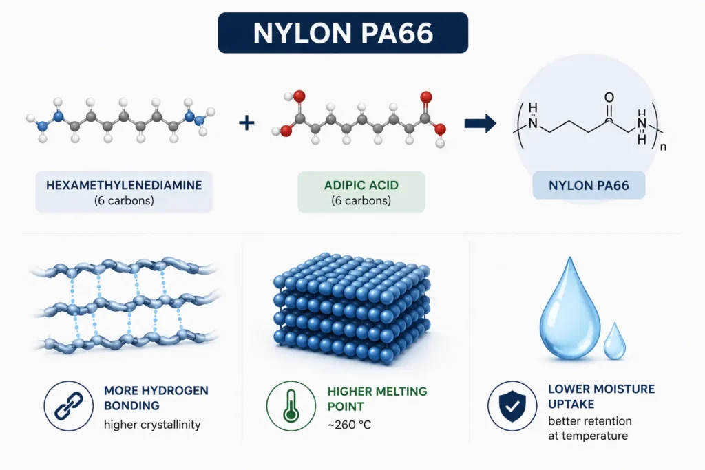 Infographic illustrating how Nylon PA66 is produced from hexamethylenediamine and adipic acid, highlighting its polymer structure, stronger hydrogen bonding, higher crystallinity, higher melting point, and lower moisture absorption.