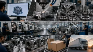 Photorealistic on-demand manufacturing workflow showing CAD design, CNC machining, precision component production, robotic automation, quality inspection, packaging, and logistics in a modern factory, illustrating what is on-demand manufacturing, how on-demand manufacturing services work, and made-to-order production from design to delivery.