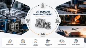 Professional industrial infographic illustrating on-demand manufacturing services, including CNC machining, sheet metal fabrication, injection molding, casting, and global logistics. The image represents how on-demand manufacturing companies in India produce custom parts only when ordered, supporting rapid production, precision engineering, and global supply chain requirements.