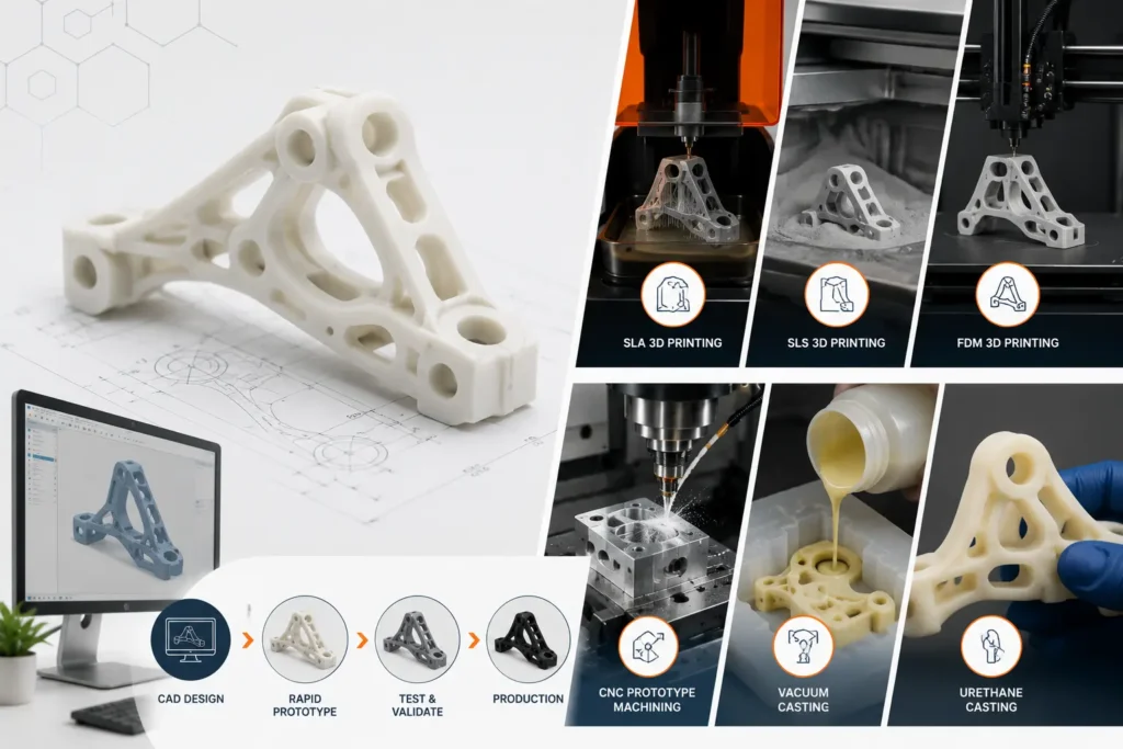 Professional engineering illustration showing the rapid prototyping workflow from CAD design to physical prototype using SLA, SLS, FDM, CNC machining, vacuum casting, and urethane casting. The image depicts prototype manufacturing methods used to produce functional parts quickly without dedicated tooling for product development and low-volume production.